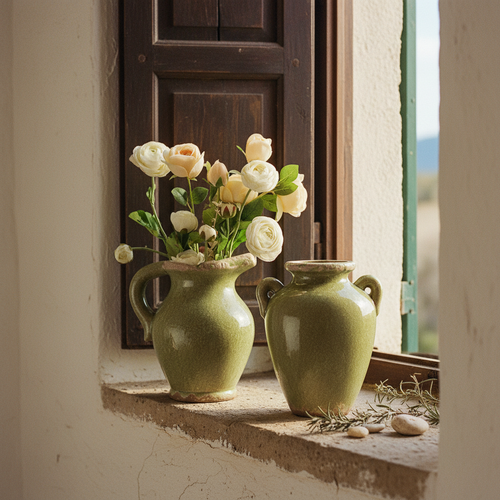 Both sage green vase styles styled together on a stone windowsill