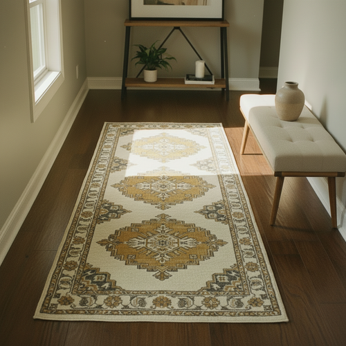Cream and gold Turkish medallion runner rug in warm minimalist hallway with dark walnut floors and linen bench