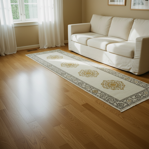 Cream and gold Turkish medallion runner rug beside linen sofa in warm Scandinavian living room