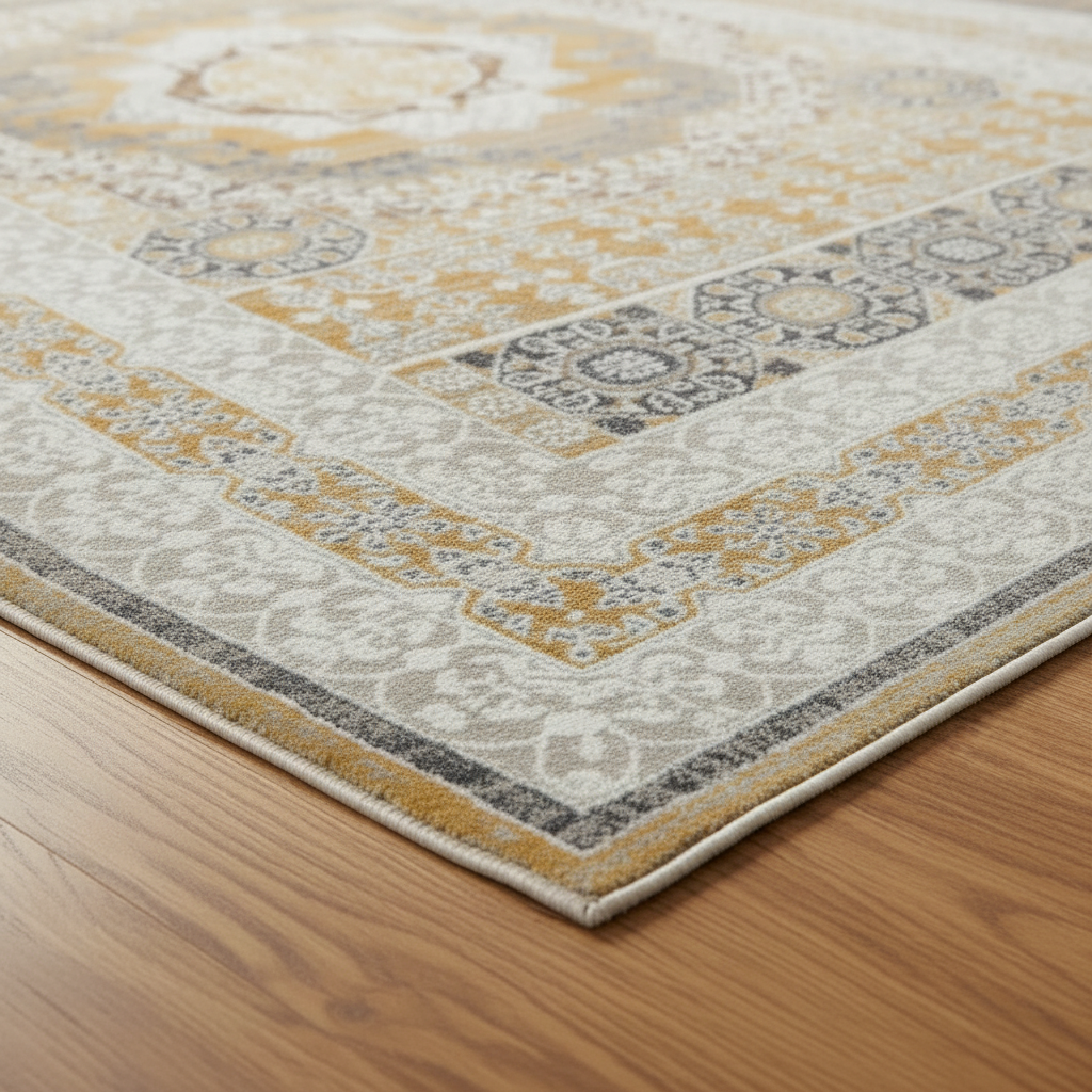Close-up of cream and gold Turkish medallion rug showing intricate floral and geometric pattern detail